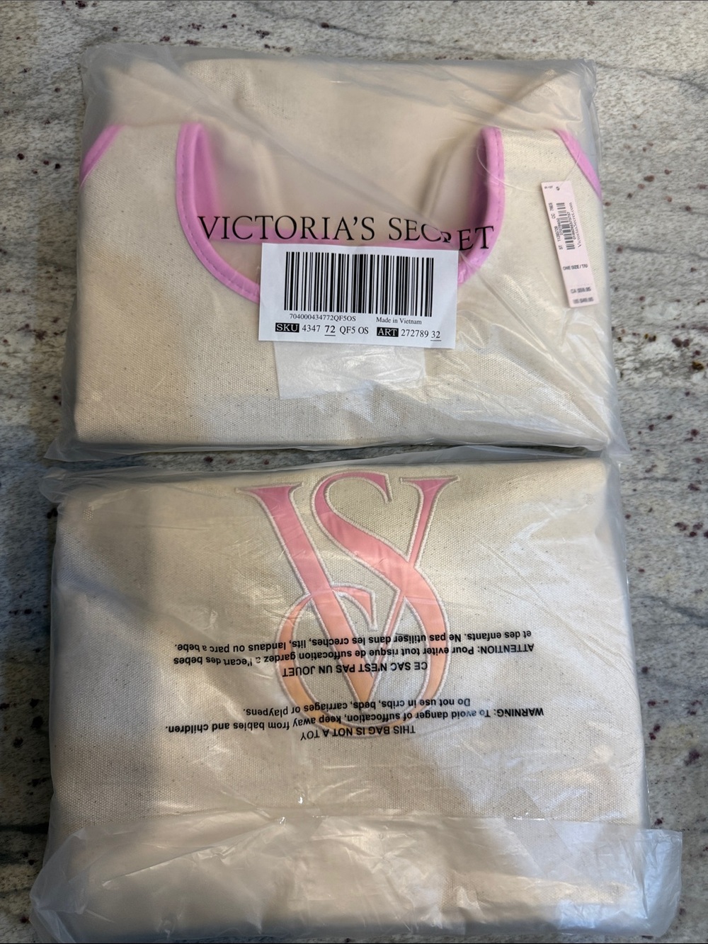Victoria's Secret Cream Canvas Tote Pair with Pink Accents
